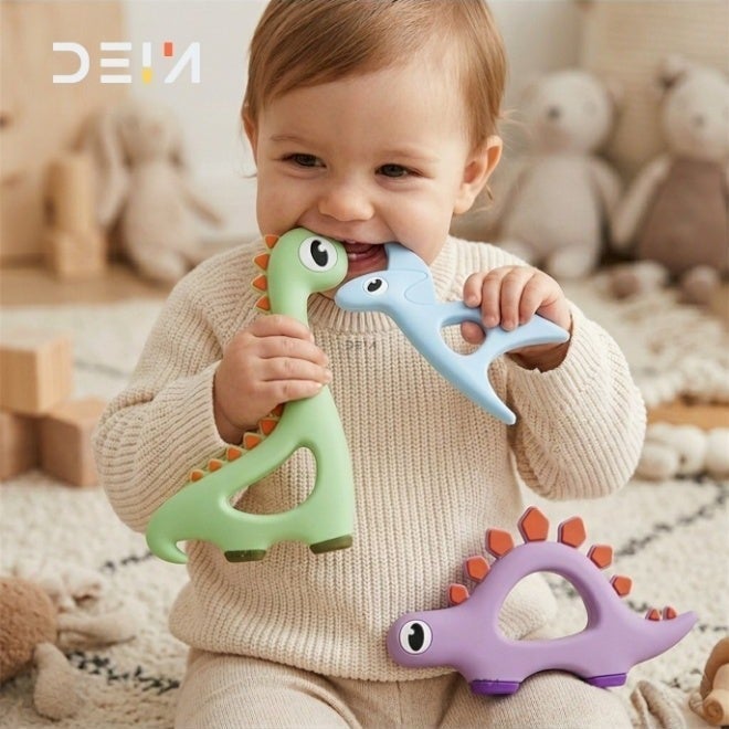 DEIN 3-Piece Dinosaur Baby Teether Set – 100% Food-Grade Silicone Teething Toys – CE Certified & BPA-Free – Sensory Soothing Relief for Infants & Toddlers Up to 18 Months - Image 3