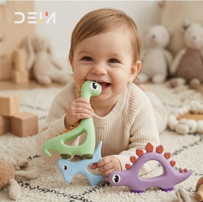 DEIN 3-Piece Dinosaur Baby Teether Set – 100% Food-Grade Silicone Teething Toys – CE Certified & BPA-Free – Sensory Soothing Relief for Infants & Toddlers Up to 18 Months - Image 2
