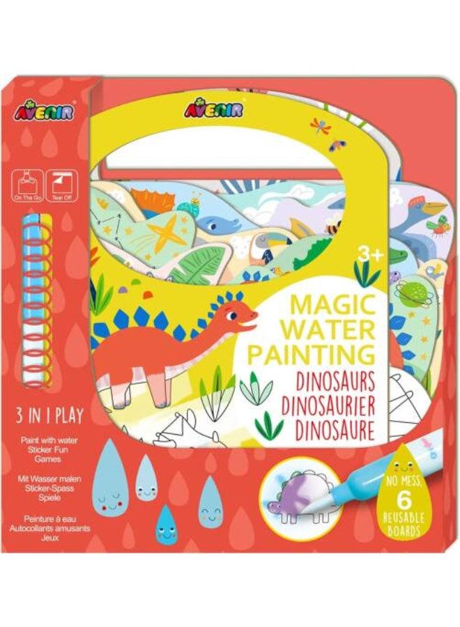 Avenir Magic Water Painting Dinosaur | 6 Reusable Coloring Surfaces, 2 Sheets of Repositionable Stickers, and Refillable Water Pen, Easy to Carry | Kids 3+ - Image 1