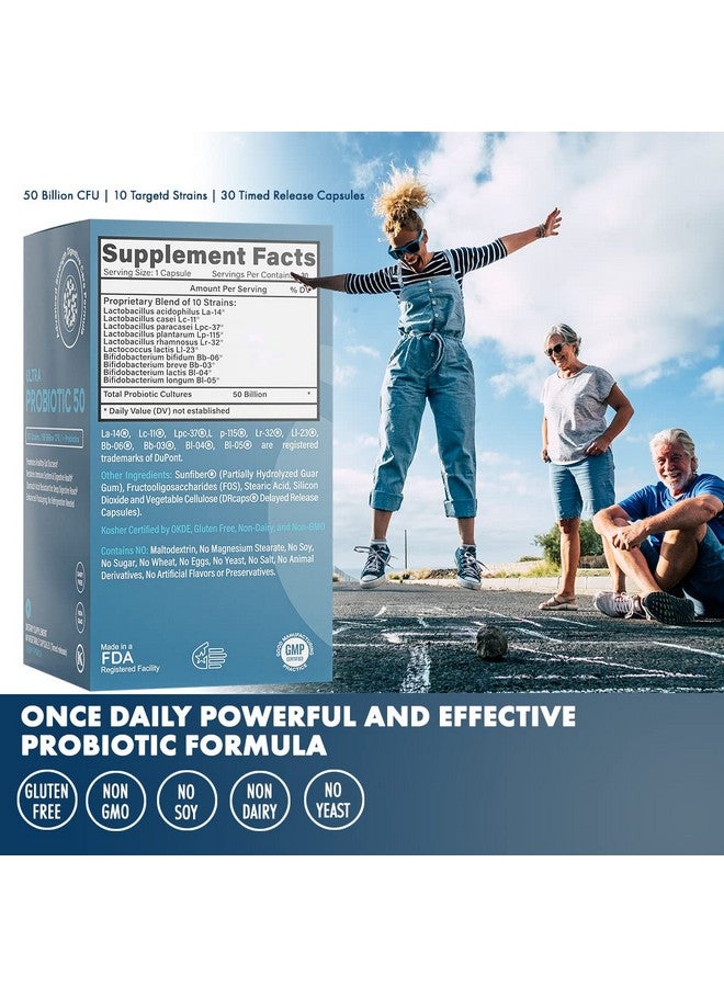 Prebiotics & Probiotics 50 Billion CFU for Women & Men - Time-Release Bifidobacterium Lactobacilli Probiotics for Digestive Health, Bloating Relief, USA-Made, Kosher Live Probiotics with Sunfibre FOS - Image 3