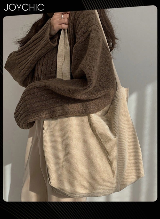 Joychic حقيبة تسوق كبيرة الحجم متعددة الاستخدامات على الطراز الكوري، حقيبة كتف نسائية بسيطة من قماش مخملي مغسول، أدبية، ريترو - Image 1