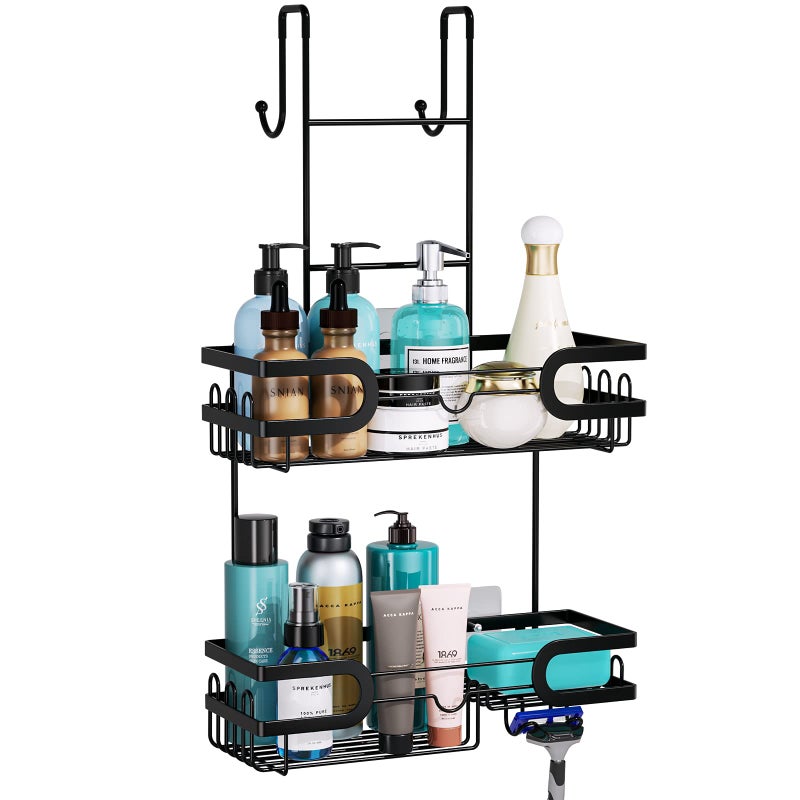 HapiRm Hanging Shower Caddy Over the Door with 14 Hooks and Soap Holder  No Drilling Adhesive Shower Storage  Rustproof & Waterproof Stainless Steel Shower Shelves for Bathroom - Black - Image 1