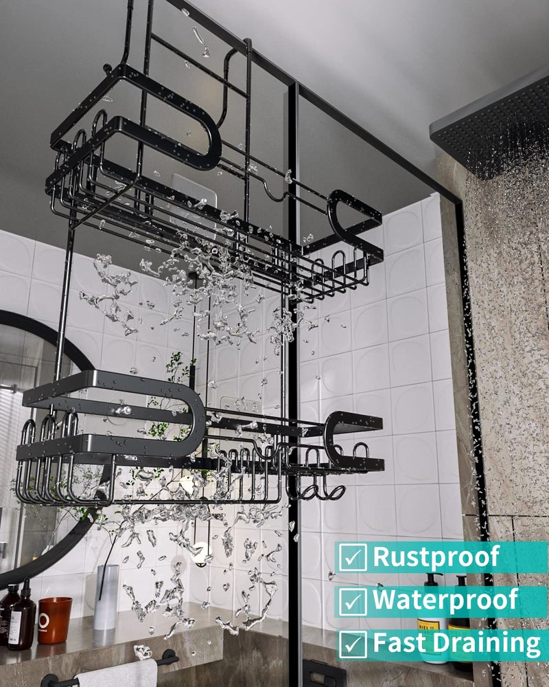 HapiRm Hanging Shower Caddy Over the Door with 14 Hooks and Soap Holder  No Drilling Adhesive Shower Storage  Rustproof & Waterproof Stainless Steel Shower Shelves for Bathroom - Black - Image 3