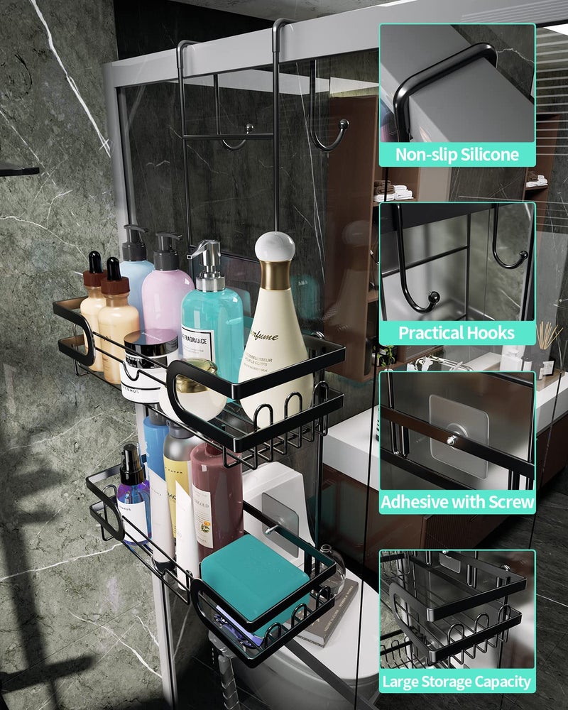 HapiRm Hanging Shower Caddy Over the Door with 14 Hooks and Soap Holder  No Drilling Adhesive Shower Storage  Rustproof & Waterproof Stainless Steel Shower Shelves for Bathroom - Black - Image 2