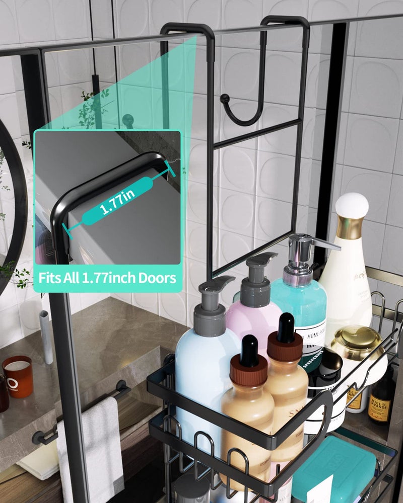 HapiRm Hanging Shower Caddy Over the Door with 14 Hooks and Soap Holder  No Drilling Adhesive Shower Storage  Rustproof & Waterproof Stainless Steel Shower Shelves for Bathroom - Black - Image 4