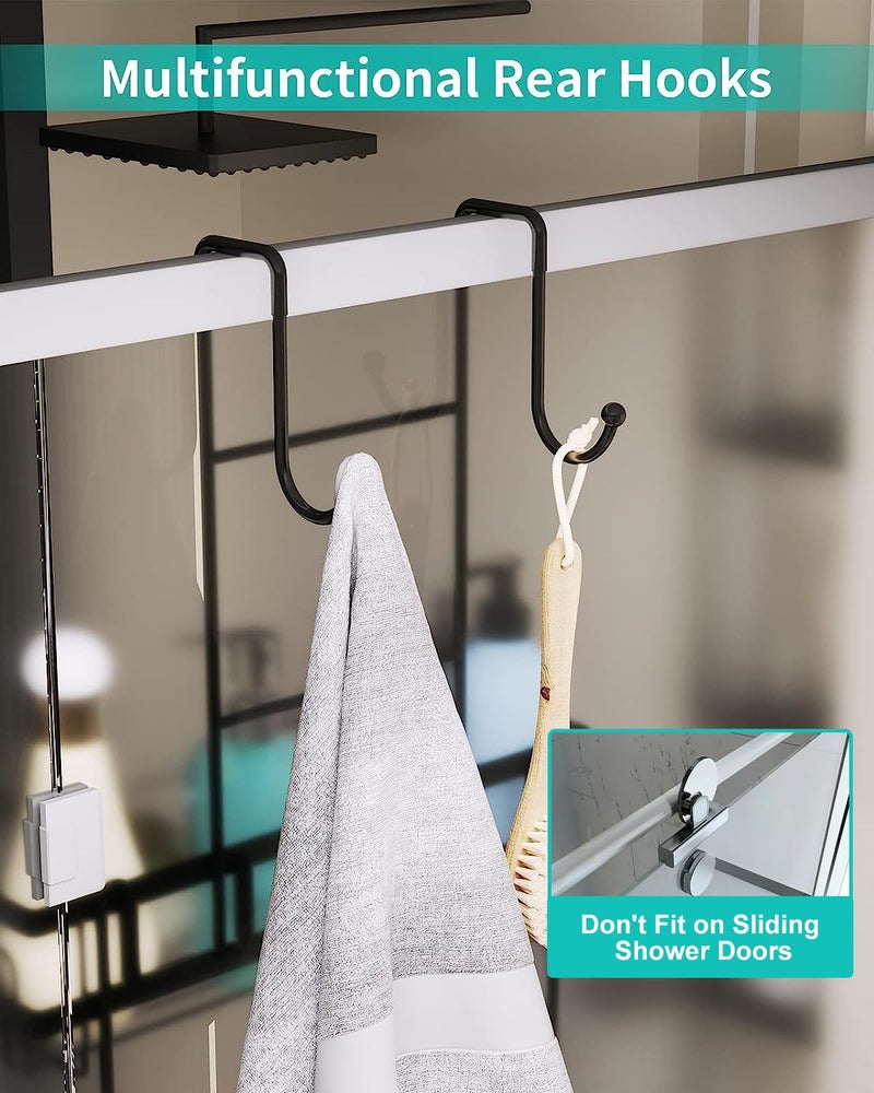 HapiRm Hanging Shower Caddy Over the Door with 14 Hooks and Soap Holder  No Drilling Adhesive Shower Storage  Rustproof & Waterproof Stainless Steel Shower Shelves for Bathroom - Black - Image 5