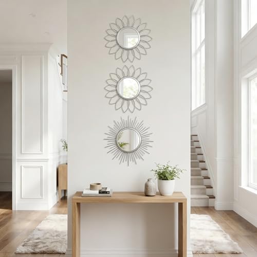 HMANGE Boho Sunburst Wall Mirror Set of 3, 12 Inch Round Antique & Modern Metal Wall Art, Hanging Over The Door Mirrors for Wall Decor in Living Room, Bedroom, Bathroom, Entryway（Sliver） - Image 3