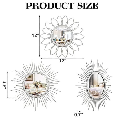 HMANGE Boho Sunburst Wall Mirror Set of 3, 12 Inch Round Antique & Modern Metal Wall Art, Hanging Over The Door Mirrors for Wall Decor in Living Room, Bedroom, Bathroom, Entryway（Sliver） - Image 2