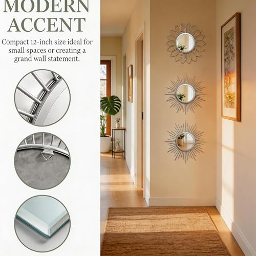 HMANGE Boho Sunburst Wall Mirror Set of 3, 12 Inch Round Antique & Modern Metal Wall Art, Hanging Over The Door Mirrors for Wall Decor in Living Room, Bedroom, Bathroom, Entryway（Sliver） - Image 4