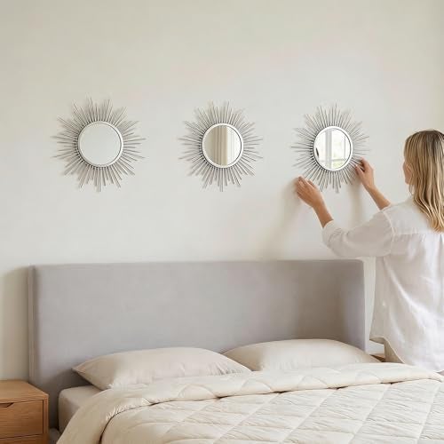 HMANGE Boho Sunburst Wall Mirror Set of 3, 12 Inch Round Antique & Modern Metal Wall Art, Hanging Over The Door Mirrors for Wall Decor in Living Room, Bedroom, Bathroom, Entryway（Sliver） - Image 5