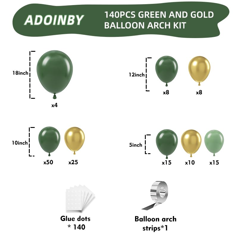ADOINBY Green and Gold Balloon Arch Kit, Dark Emerald Green Hunter Forest Sage Green Metallic Gold Balloon Garland kit, 18 12 10 5 Inch Balloons for Birthday Wedding Jungle Safari Party Decorations - Image 2
