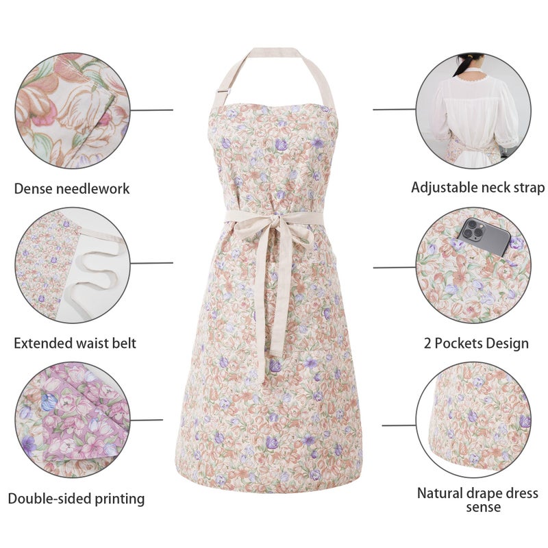 Aoomzoon Kitchen Aprons for Women with 2 Pockets,Double Sided Vintage Adjustable Apron for Gardening Cooking Arting Painting (Brown/Pink Flowers) - Image 5