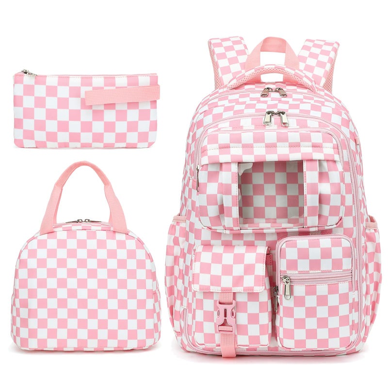 Dezcrab Girls School Backpack Set Teens Kids School Bag Bookbag with Lunch Box Pencil Case for Elementary Middle School Checkered Pink - Image 2