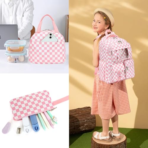 Dezcrab Girls School Backpack Set Teens Kids School Bag Bookbag with Lunch Box Pencil Case for Elementary Middle School Checkered Pink - Image 3