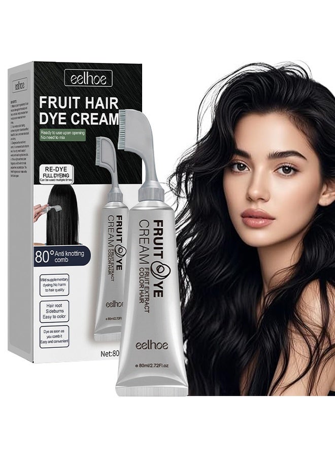 EELHOE Fruit Hair Dye Cream 80ml, Ready-to-Use No-Mix Fruit Extract Hair Dye with 80° Anti-Knotting Comb, Full Dye & Re-Dye Formula for Easy Hair Coloring(Black) - Image 1