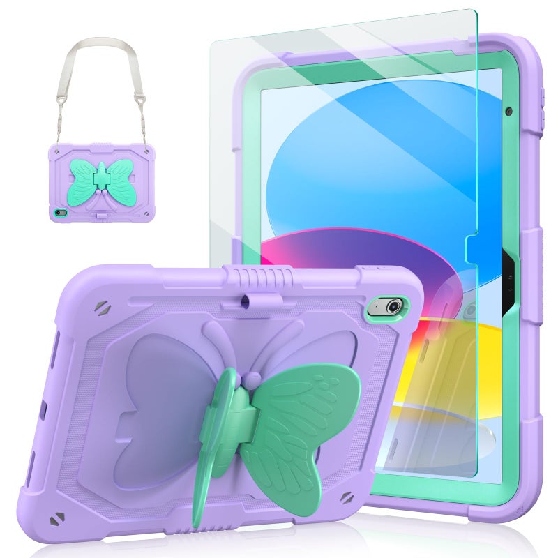 Ambison Case for iPad (A16) 11th/10th Generation 2025/2022 11''/10.9'' for Kids Girls, with 9H Tempered Glass Screen Protector, Shockproof Protective with Butterfly Stand, Carrying Strap-Purple - Image 1