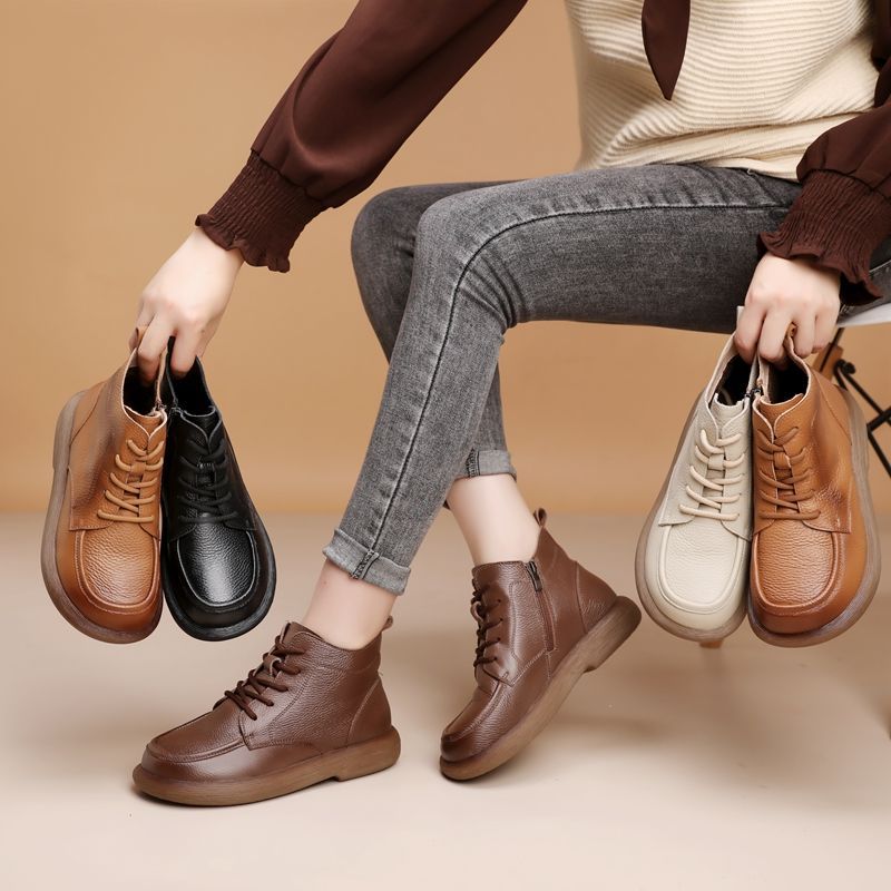Genuine Leather Wool Short Boots Boots Flat Mother Fleece-Lined Vintage Non-Slip Martin - Image 3
