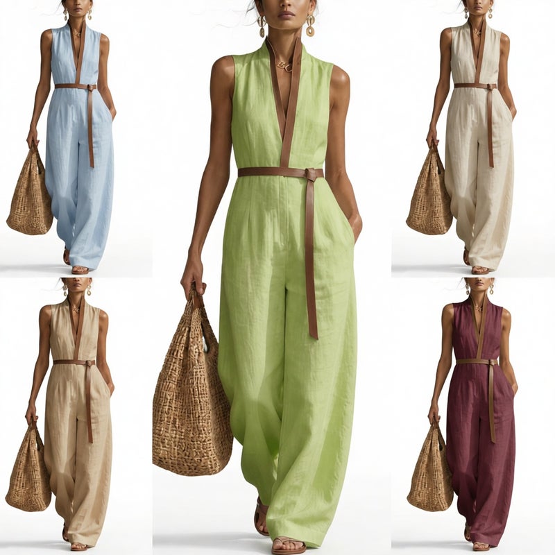 Women's Sleeveless Jumpsuit Casual Straight Leg Long Pants Stretch Mid Waist - Image 1