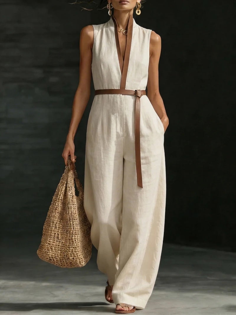 Women's Sleeveless Jumpsuit Casual Straight Leg Long Pants Stretch Mid Waist - Image 2