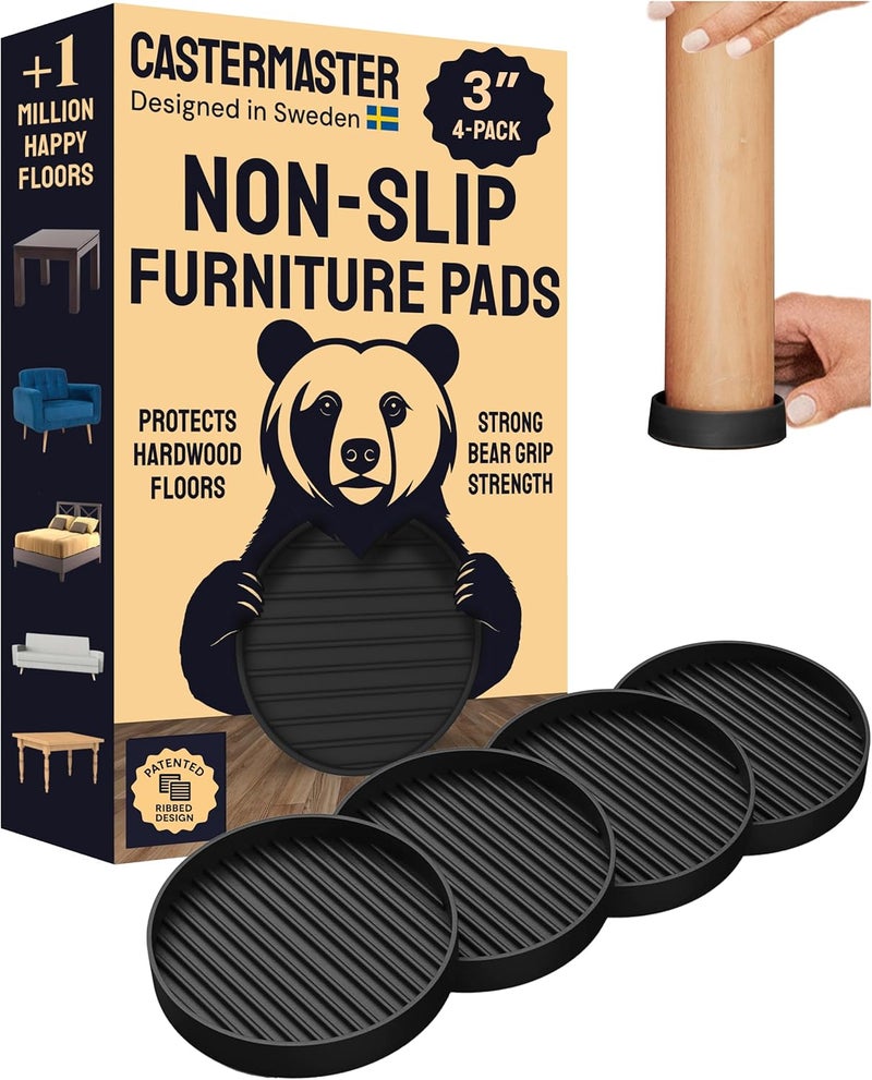 CasterMaster Non Slip Furniture Pads for Hardwood Floors - 3x3 Black Round Caster Cups - Rubber Feet for Furniture - Anti Slip Couch Stoppers to Prevent Sliding - Floor Protectors (Set of 4) - Image 1