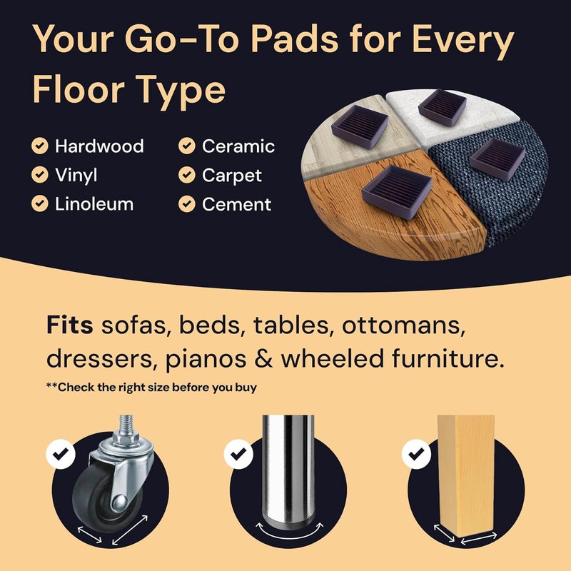 CasterMaster Non Slip Furniture Pads for Hardwood Floors - 3x3 Black Round Caster Cups - Rubber Feet for Furniture - Anti Slip Couch Stoppers to Prevent Sliding - Floor Protectors (Set of 4) - Image 4
