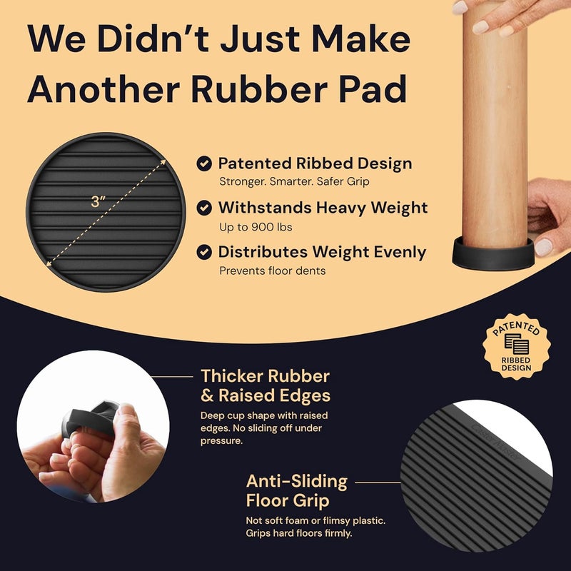 CasterMaster Non Slip Furniture Pads for Hardwood Floors - 3x3 Black Round Caster Cups - Rubber Feet for Furniture - Anti Slip Couch Stoppers to Prevent Sliding - Floor Protectors (Set of 4) - Image 2