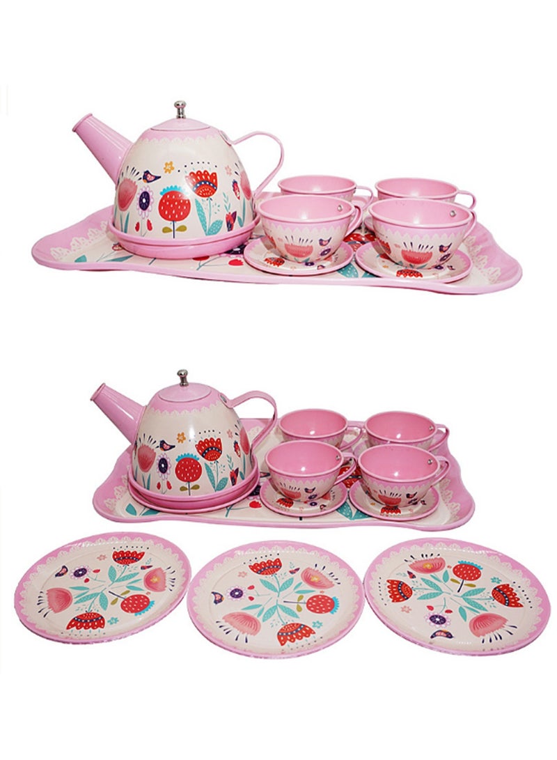 14pcs Classical Flower Series, Pink Tea Set For Little Girls, Safe And Durable Toys For Kids Tea Set, Gift For Kids, Teapot Tableware Kitchen Pretend Play Tin Tea Party - Image 2