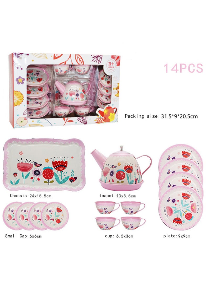 14pcs Classical Flower Series, Pink Tea Set For Little Girls, Safe And Durable Toys For Kids Tea Set, Gift For Kids, Teapot Tableware Kitchen Pretend Play Tin Tea Party - Image 3