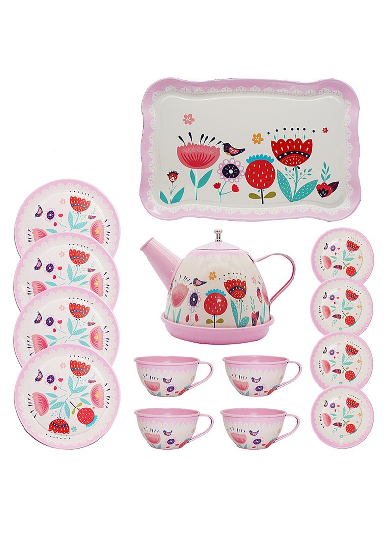 14pcs Classical Flower Series, Pink Tea Set For Little Girls, Safe And Durable Toys For Kids Tea Set, Gift For Kids, Teapot Tableware Kitchen Pretend Play Tin Tea Party - Image 1