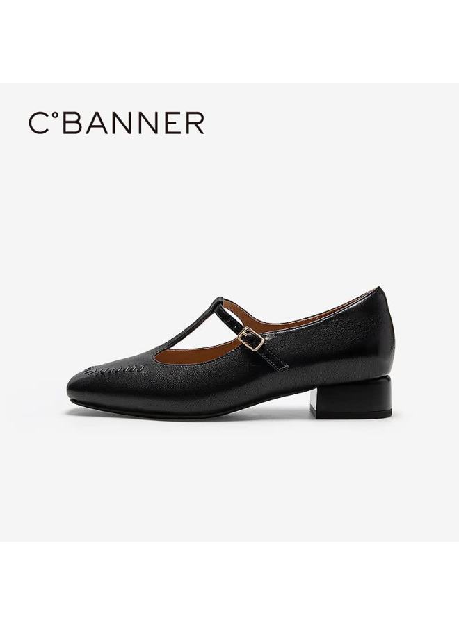 C.banner T-strap Mary Jane Shoes For Women  Autumn New Thick Mid-heel Low-cut Single Shoes A25452703 Black Size 39 - Image 3