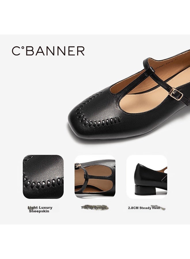 C.banner T-strap Mary Jane Shoes For Women  Autumn New Thick Mid-heel Low-cut Single Shoes A25452703 Black Size 39 - Image 2