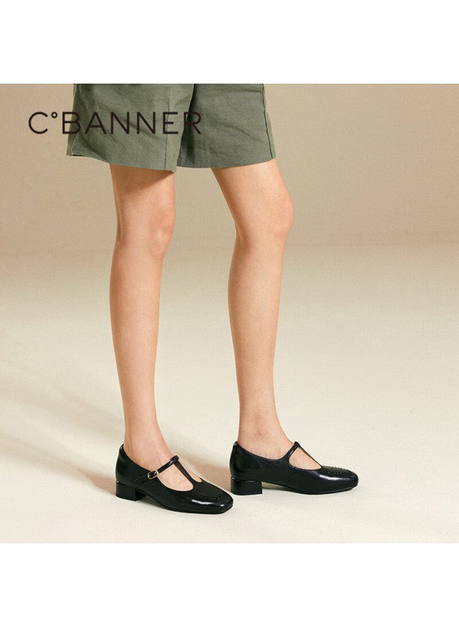 C.banner T-strap Mary Jane Shoes For Women  Autumn New Thick Mid-heel Low-cut Single Shoes A25452703 Black Size 39 - Image 1