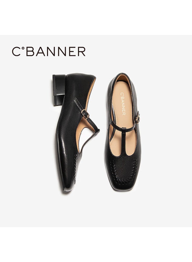 C.banner T-strap Mary Jane Shoes For Women  Autumn New Thick Mid-heel Low-cut Single Shoes A25452703 Black Size 39 - Image 4