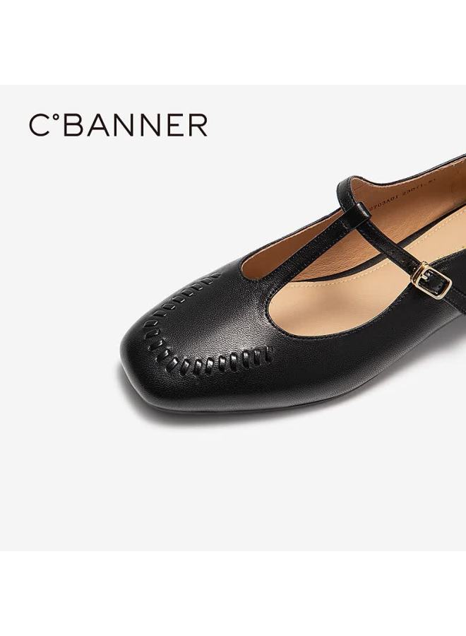 C.banner T-strap Mary Jane Shoes For Women  Autumn New Thick Mid-heel Low-cut Single Shoes A25452703 Black Size 39 - Image 5