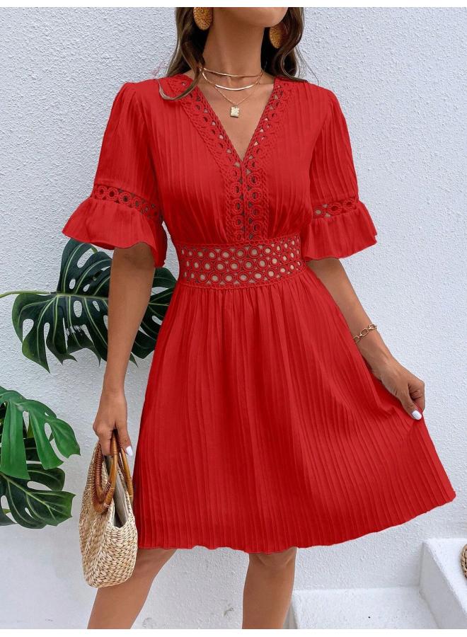 Women's Summer New Stitching Lace Fashion V-neck Waist Solid Color Dress 