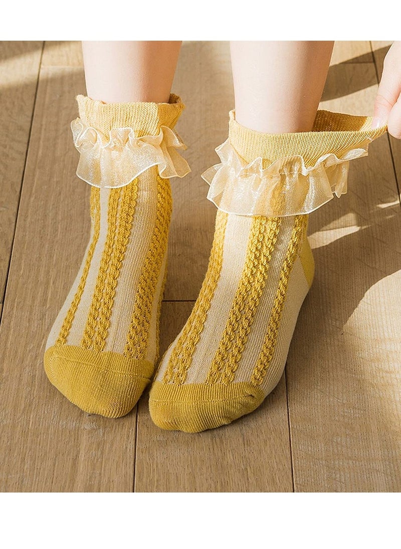 SYOSI 6 Pairs Girls Lace Ruffle Cotton Frilly Ankle Socks Cotton White Princess Dance Dress Socks for Little/Big Kids 4-6Y (6 colors)  - Image 3