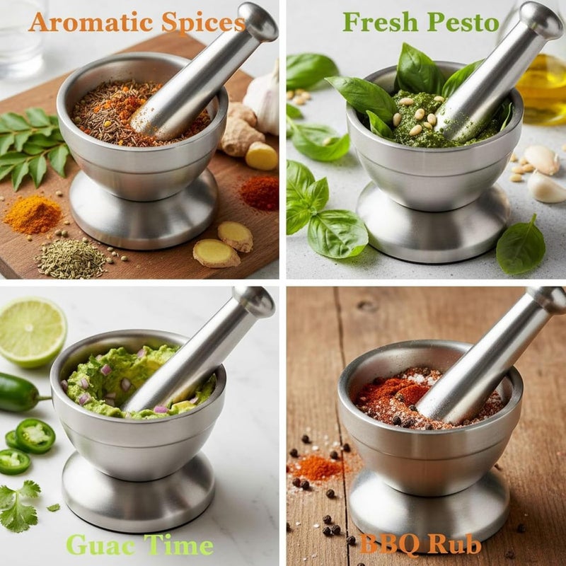 Garlic Press Herb Grinder, Stainless Steel Mortar And Pestle, 3.9 X 3.5 In Spice Crusher, Brushed, Multi-Use, Easy To Clean - Image 5