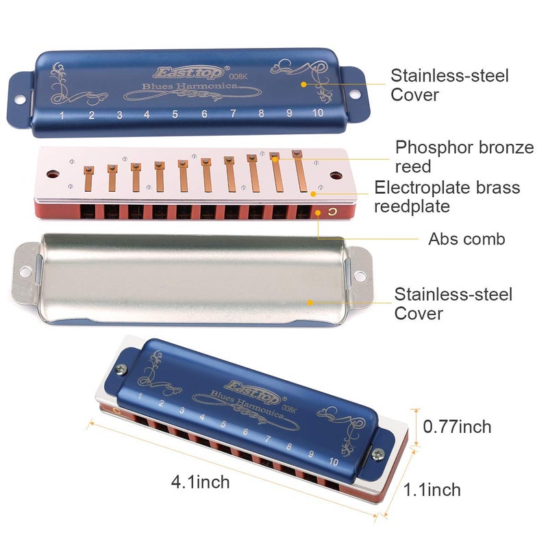 Eison Easttop Professional Harmonica Blues Key of C 10 Hole 20 Tone Heavy Duty with Case & Cleaning Cloth for Professional Player, Beginner, Students, Best Gift - Image 5