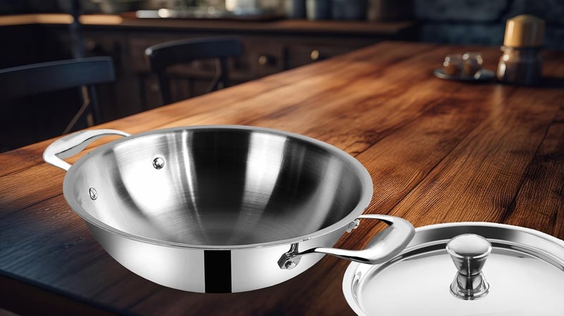 FLIXBLOOM Regal Stainless Steel Triply Thick Induction Base Kitchen Cookware Kadai LPG Friendly Utensil Cook Serve Kadhai Food Safe Stay Cool Handles Kadai with Lid 35 Litre - Image 1