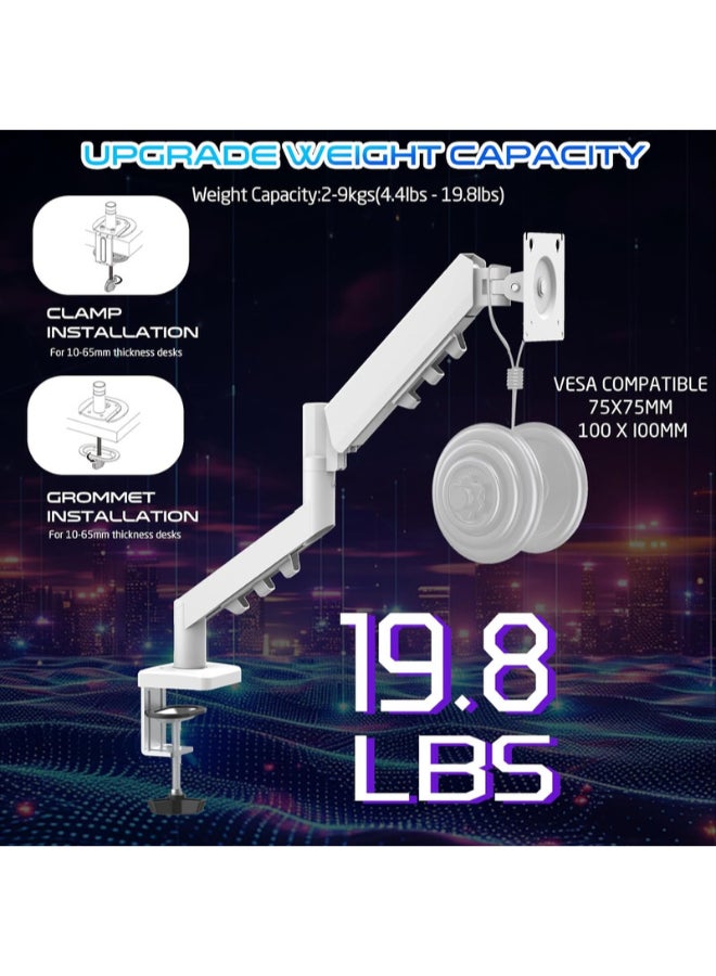 GAMEON GO-5501 Gas Spring Monitor Arm Fits 17" to 32" Screens, 2-9kg Capacity, Curved/Flat Monitors, Adjustable Height & Tilt, 360° VESA Rotation, Desk Clamp/Grommet Mount white - Image 4