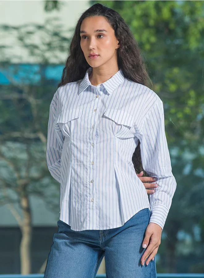 VIRGIO 100% Cotton Fitted Stripe Shirt With Flap