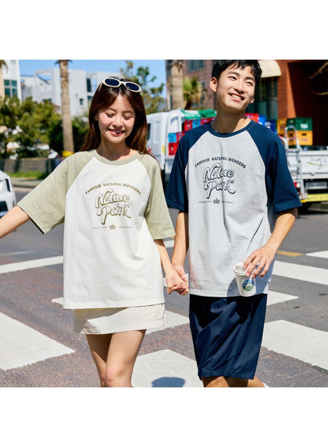 Tonlion Couple Round Neck Raglan Sleeve Short-sleeve T-shirt, Women's Style/beige, M - Image 1