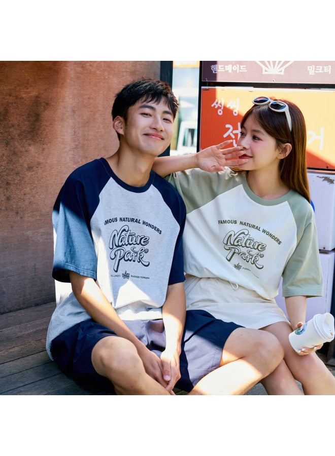 Tonlion Couple Round Neck Raglan Sleeve Short-sleeve T-shirt, Women's Style/beige, M - Image 2