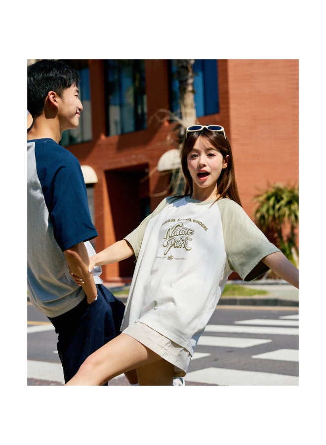 Tonlion Couple Round Neck Raglan Sleeve Short-sleeve T-shirt, Women's Style/beige, M - Image 3