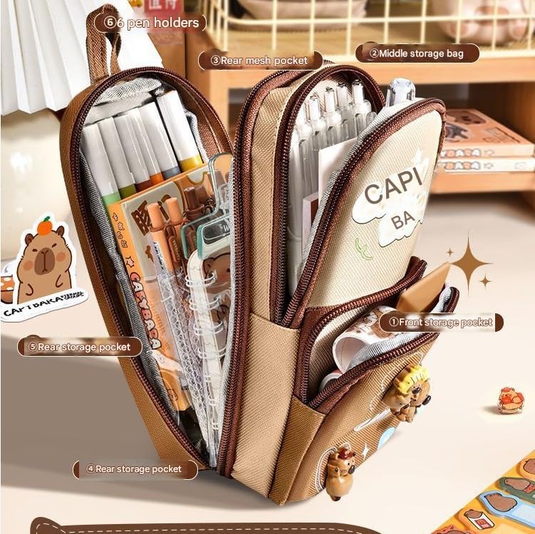 SAJANI Three Layer School Bag-Shaped Pencil Pouch, Large-Capacity Pencil Pouch with Zipper, Multipurpose Pen & Pencil Case for School Supplies for Boys & Girls (Pack of 1) (Capybara), Brown - Image 2
