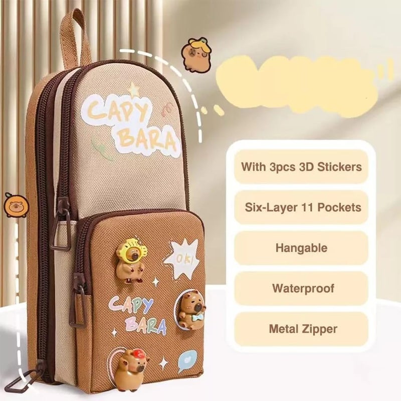 SAJANI Three Layer School Bag-Shaped Pencil Pouch, Large-Capacity Pencil Pouch with Zipper, Multipurpose Pen & Pencil Case for School Supplies for Boys & Girls (Pack of 1) (Capybara), Brown - Image 5