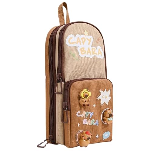 SAJANI Three Layer School Bag-Shaped Pencil Pouch, Large-Capacity Pencil Pouch with Zipper, Multipurpose Pen & Pencil Case for School Supplies for Boys & Girls (Pack of 1) (Capybara), Brown - Image 1