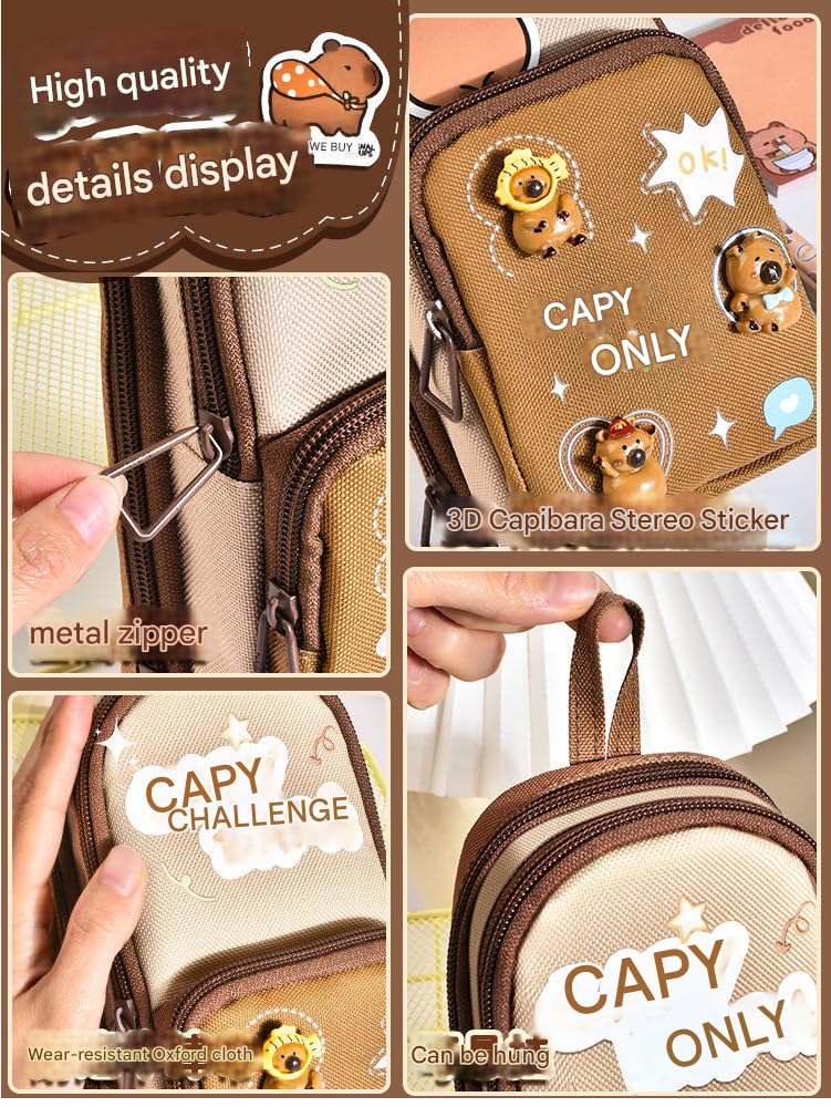 SAJANI Three Layer School Bag-Shaped Pencil Pouch, Large-Capacity Pencil Pouch with Zipper, Multipurpose Pen & Pencil Case for School Supplies for Boys & Girls (Pack of 1) (Capybara), Brown - Image 3