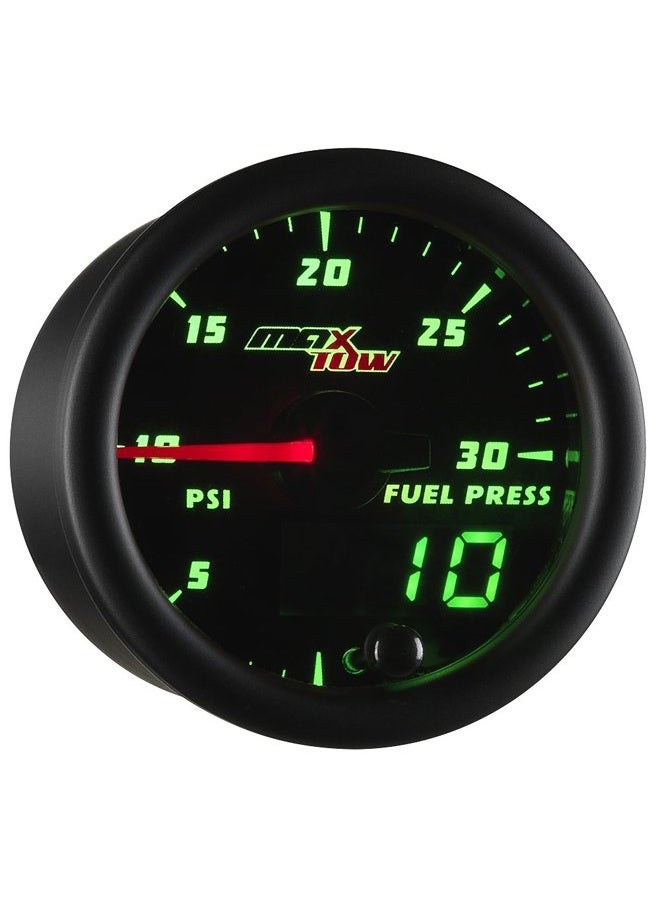 MaxTow Double Vision 30 PSI Fuel Pressure Gauge Kit - Includes Electronic Sensor - Black Gauge Face - Green LED Illuminated Dial - Analog & Digital Readouts - for Diesel Trucks - 2-1/16" 52mm - Image 1