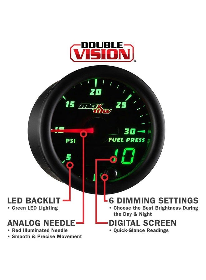 MaxTow Double Vision 30 PSI Fuel Pressure Gauge Kit - Includes Electronic Sensor - Black Gauge Face - Green LED Illuminated Dial - Analog & Digital Readouts - for Diesel Trucks - 2-1/16" 52mm - Image 4